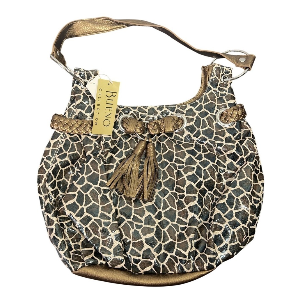 Bueno Collection Women's Hobo Bag Giraffe Print Metallic Bronze Tassel Shoulder
